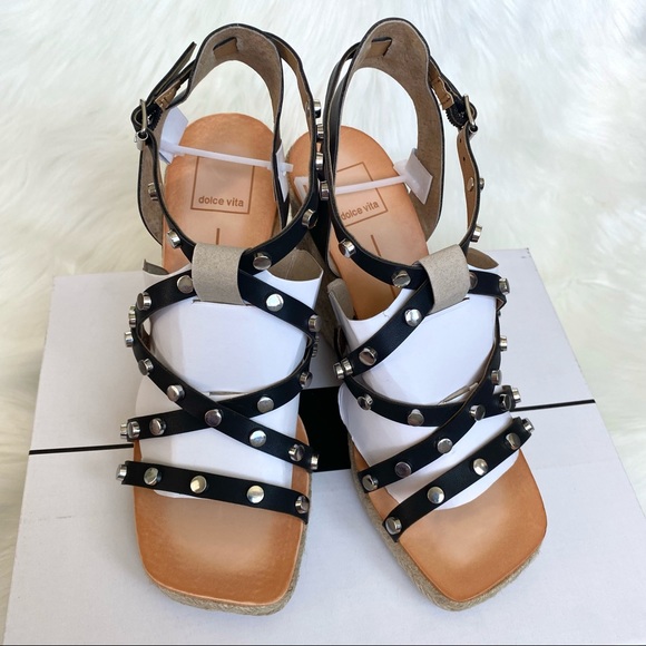 NIB DOLCE VITA Size 8 Studded Black Strappy Espadrille Wedges - Picture 8 of 9
